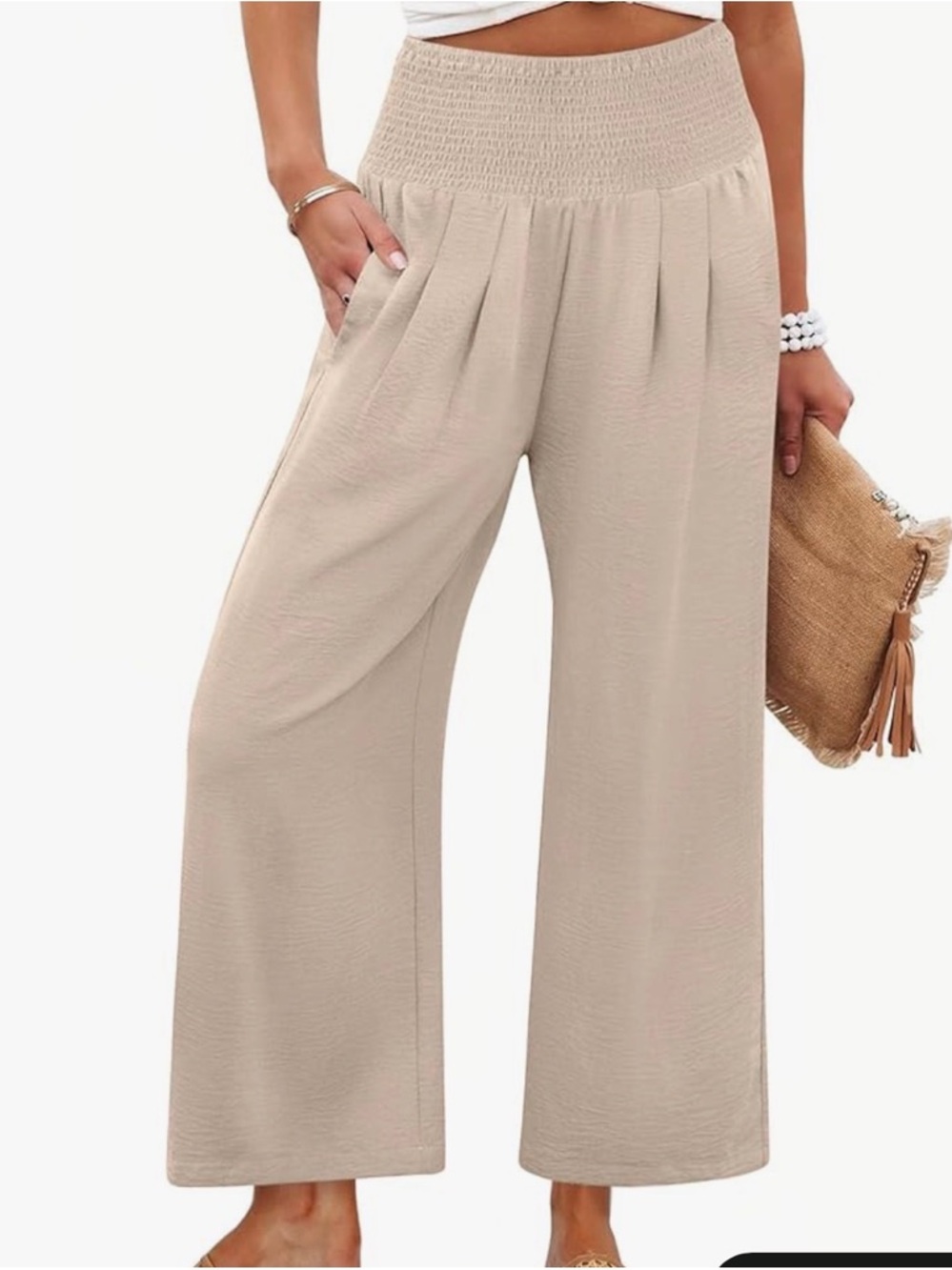 Wide Leg Smocked Waist Women's Pants - Beige